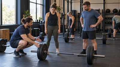 Coach discusses barbell setup with two members in a spaced group strength studio