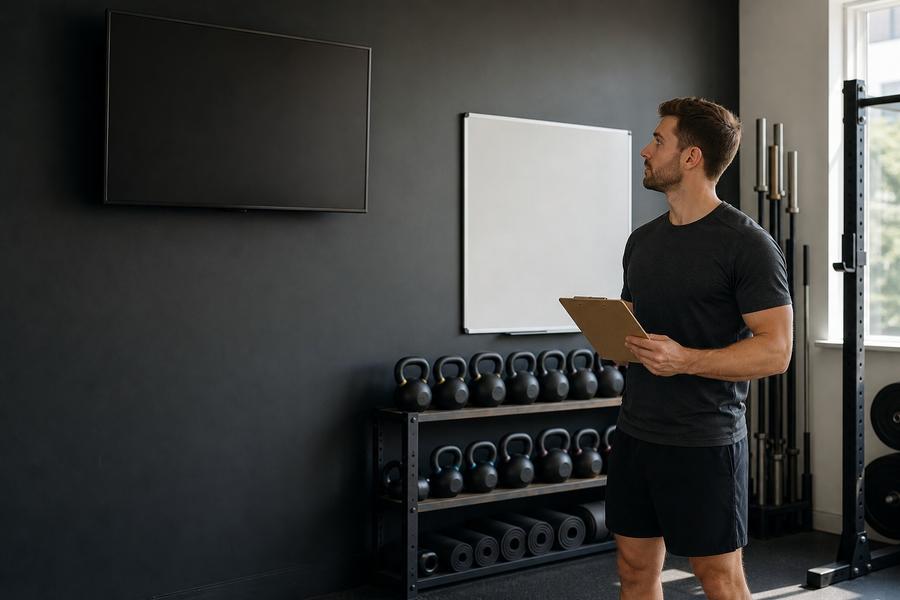 Coach reviewing a written programming change note before class