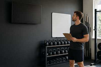 Coach reviewing a written programming change note before class