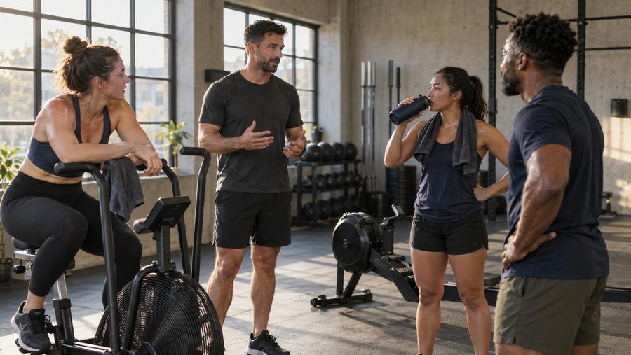 Coach speaking with members resting beside an air bike and rower between group intervals