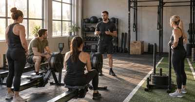 A coach briefs a small group beside rowers and a sled lane in a training studio.