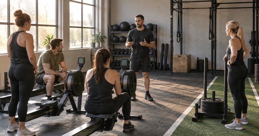A coach briefs a small group beside rowers and a sled lane in a training studio.