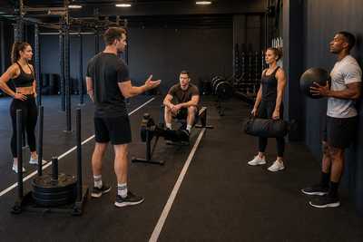 Coach briefing a group beside sled, rower, sandbag and wall-ball stations in an unbranded functional training gym