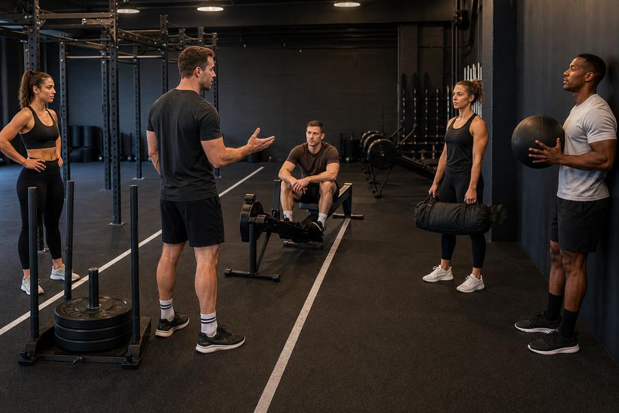 Coach briefing a group beside sled, rower, sandbag and wall-ball stations in an unbranded functional training gym