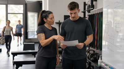 An experienced coach walking a newly hired coach through a session plan before a group class