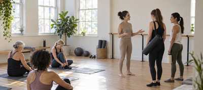 A barre instructor welcomes two adult newcomers while other members prepare for class.
