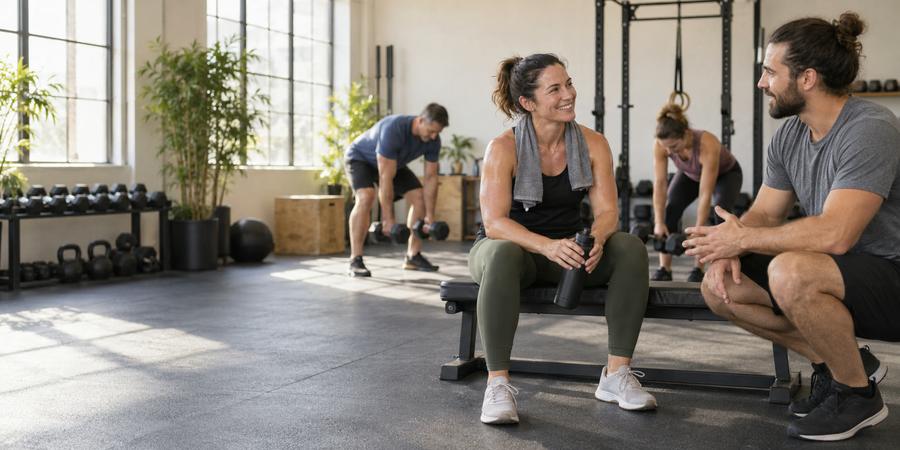 Coach speaking with a member beside a bench while a small strength class prepares dumbbells