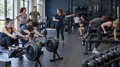 Coach directing members between rowing machines and strength stations in a group training room