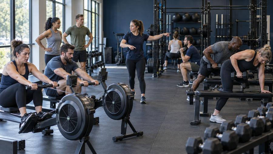 Coach directing members between rowing machines and strength stations in a group training room