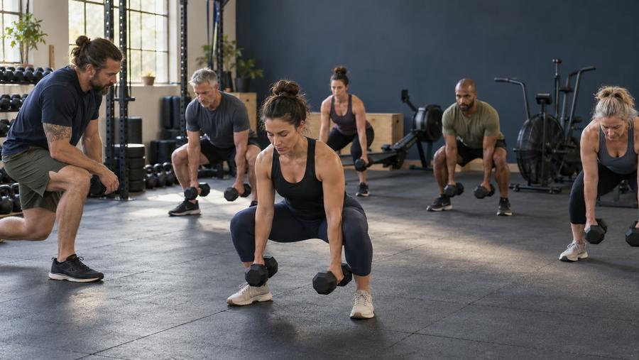 Coach observes members lifting dumbbells while conditioning machines sit unused behind them