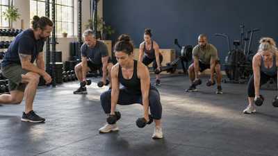 Coach observes members lifting dumbbells while conditioning machines sit unused behind them